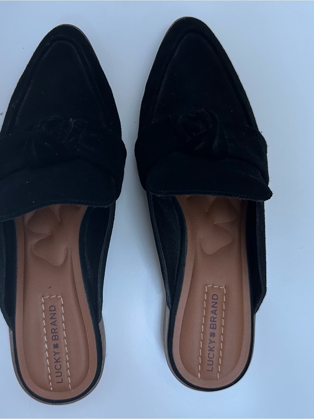 Lucky Brand Black Suede Pointed Toe Knot Mules